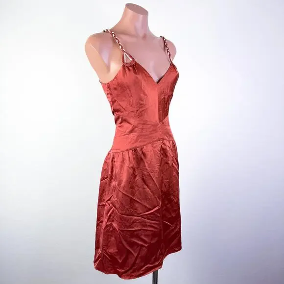 Vintage Y2K Silk Babydoll Braided Strap Sleeveless Fairy Midi Dress Rust Size 4 - Picture 11 of 11